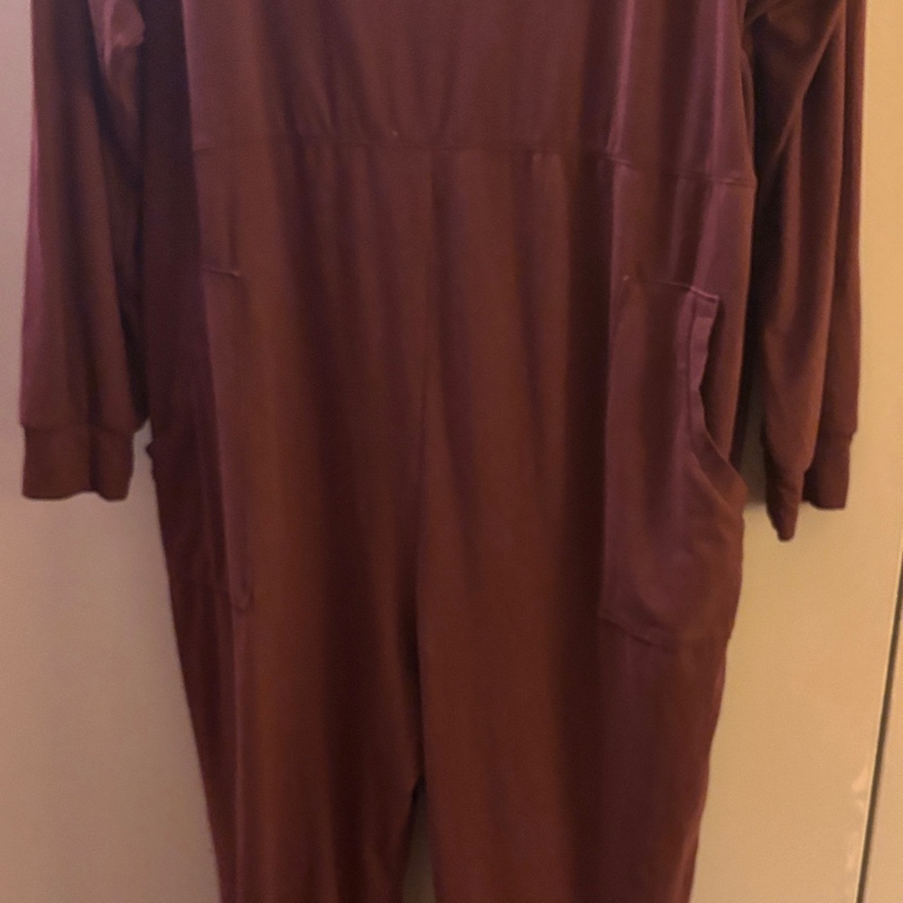 Socialite XL Brown Long V Neck Jumpsuit Comfy Loungewear Neutral Lagenlook - Picture 6 of 11